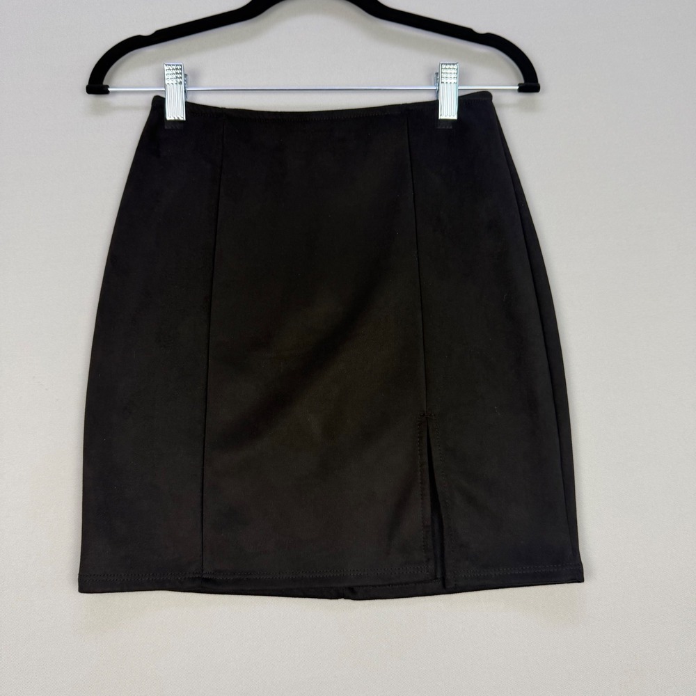 Windsor Black Faux Suede Mini Skirt Front Slit Bodycon Pencil Chic Size Small